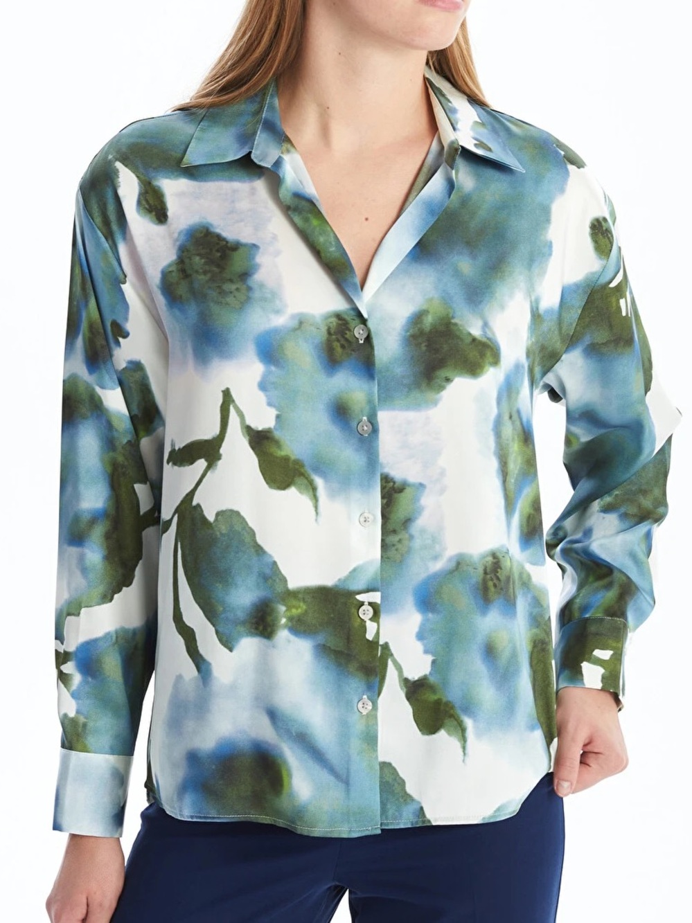 LCW Vision Blue Green Abstract Watercolor Floral Satin Button Front Top Size XL